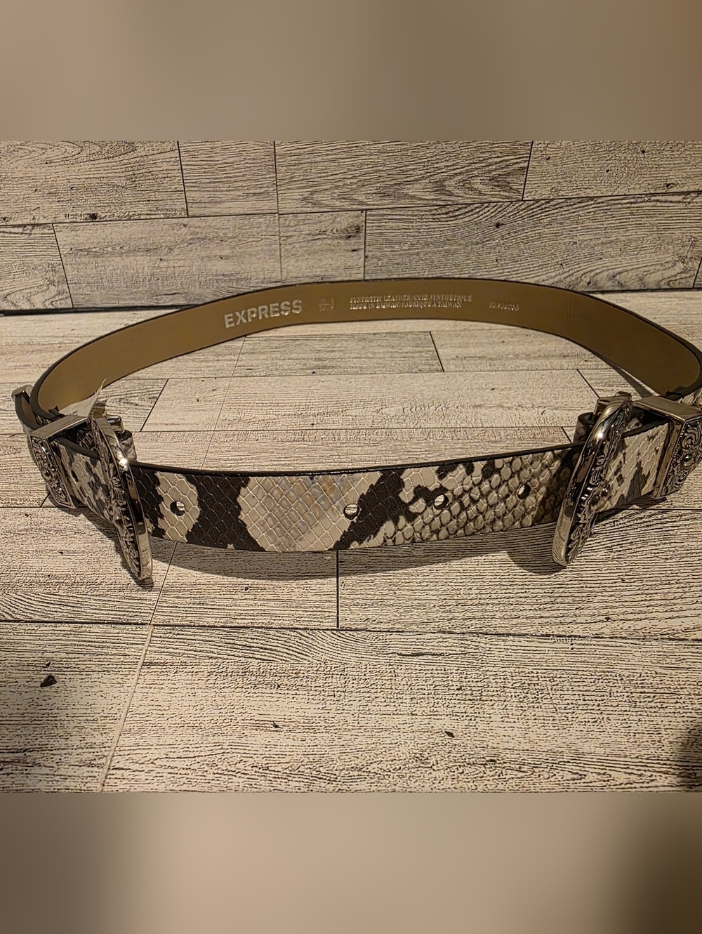Express Double Buckle Snake-Print Belt in Beige and Black